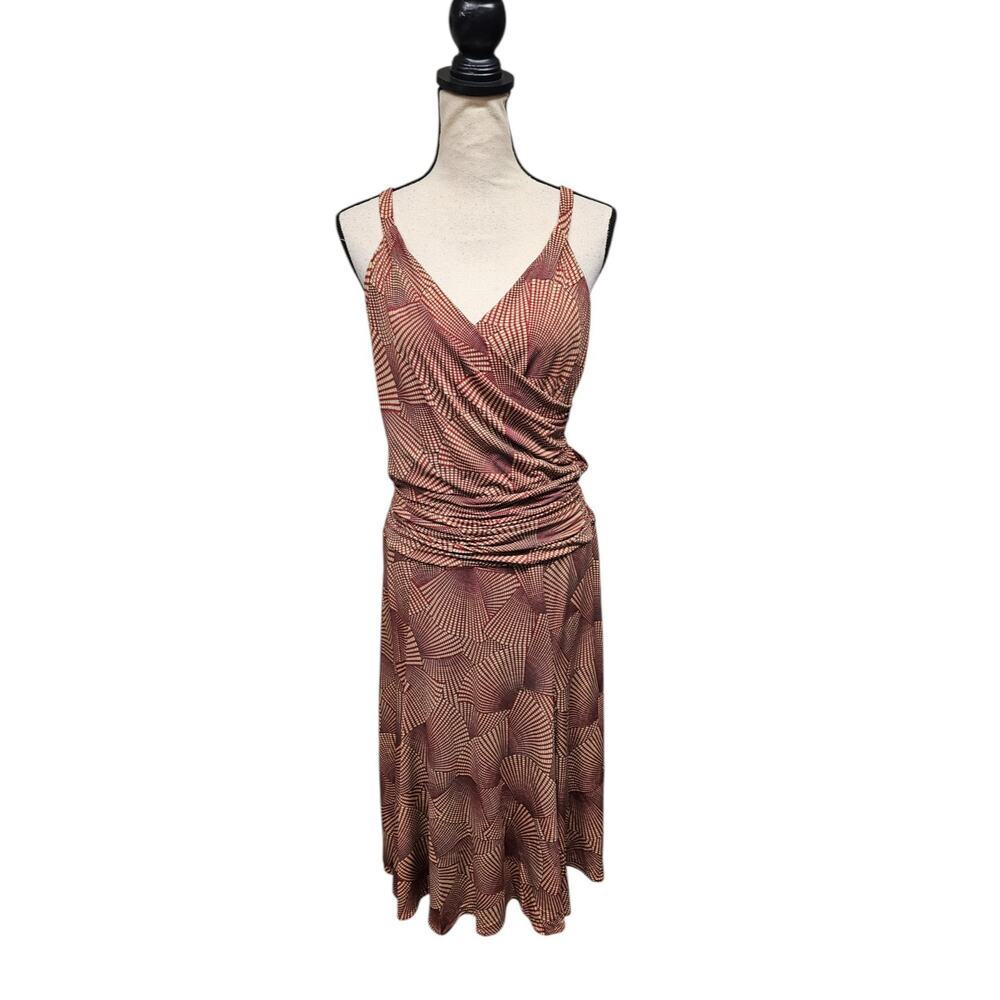 BcBGMaxAzria Geometric Print Ruched Midi Dress Sz Med Retro Party Event Burgundy